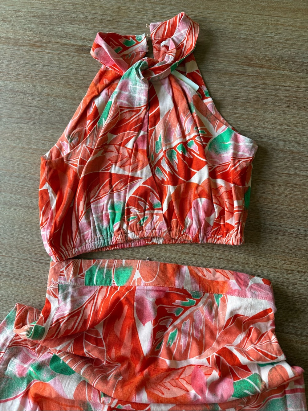 Tropical Halter Crop and mini skirt in orange & pink & green